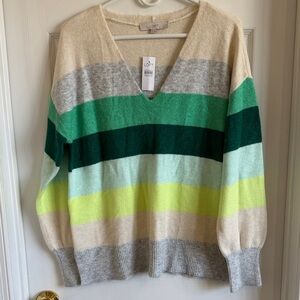 NWT LOFT Multi-Stripe V-Neck Sweater in Green, Cream, Gray and Lime